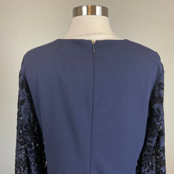Ralph Lauren Long Sleeve Cocktail Dress Blue Size 6 Lace and Velvet Sheath - Picture 8 of 12